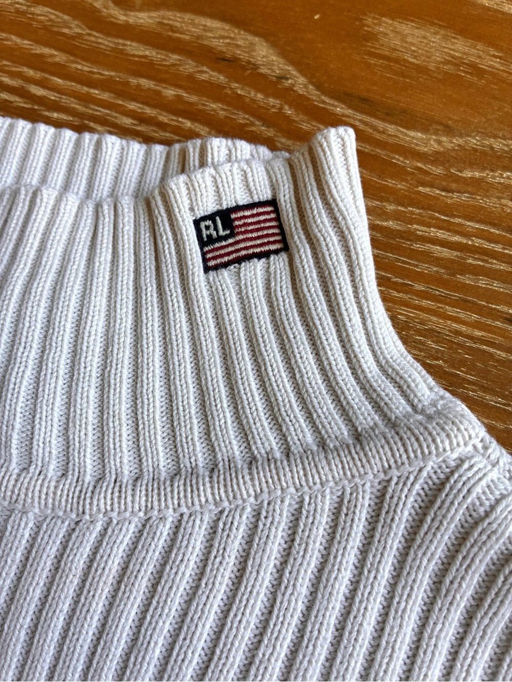 Vintage 80s polo jeans Ralph Lauren cream Rib-Knit Turtleneck Flag logo Patch S - Picture 8 of 14